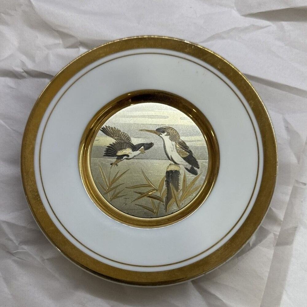 The Art of Chokin 2 Kingfishers 24K Gold Edge Decorative Plate Made in Japan EUC